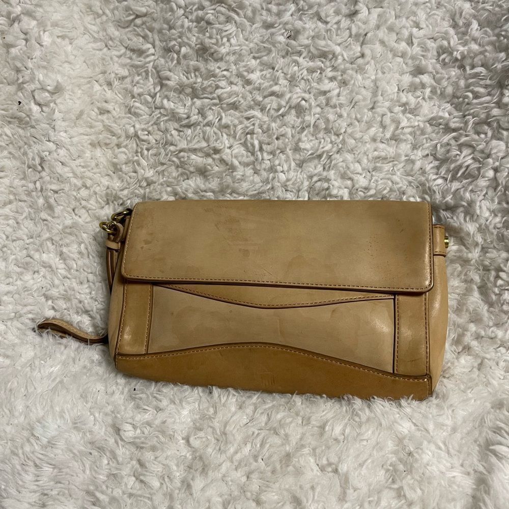 J Crew leather beige and tan clutch brass hardware.